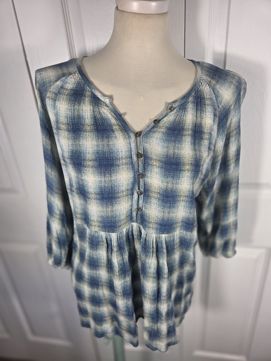 Maeve Tops - Maeve Anthropologie Plaid Peasant Tunic Top Medium Blue Cream Boho Babydoll